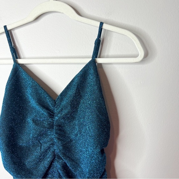 Lulus NWT Striking Moves Teal Metallic Ruched Body Mini Dress - Picture 6 of 10